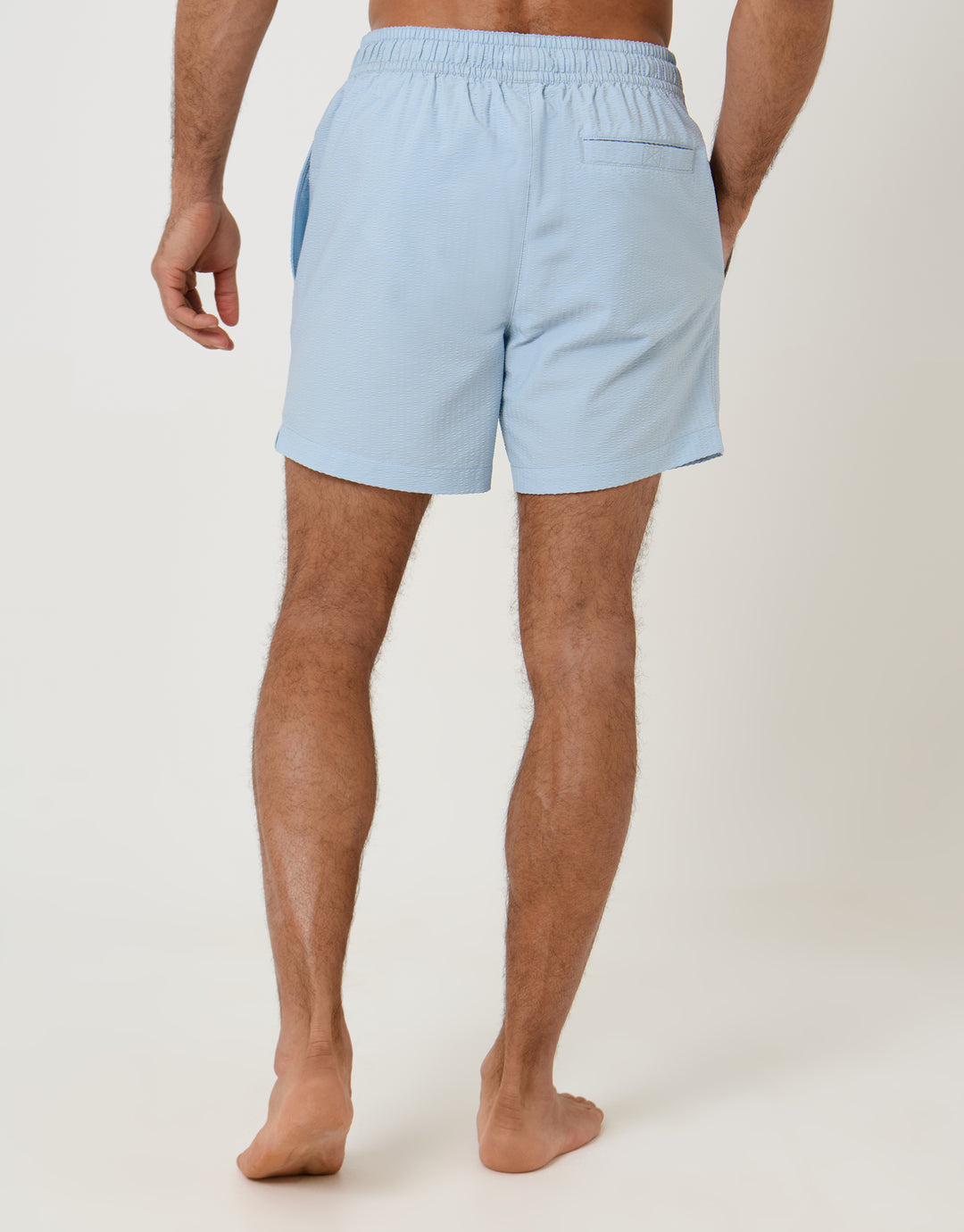 Threadbare Stripe Seersucker Swim Shorts in Light Blue - back view