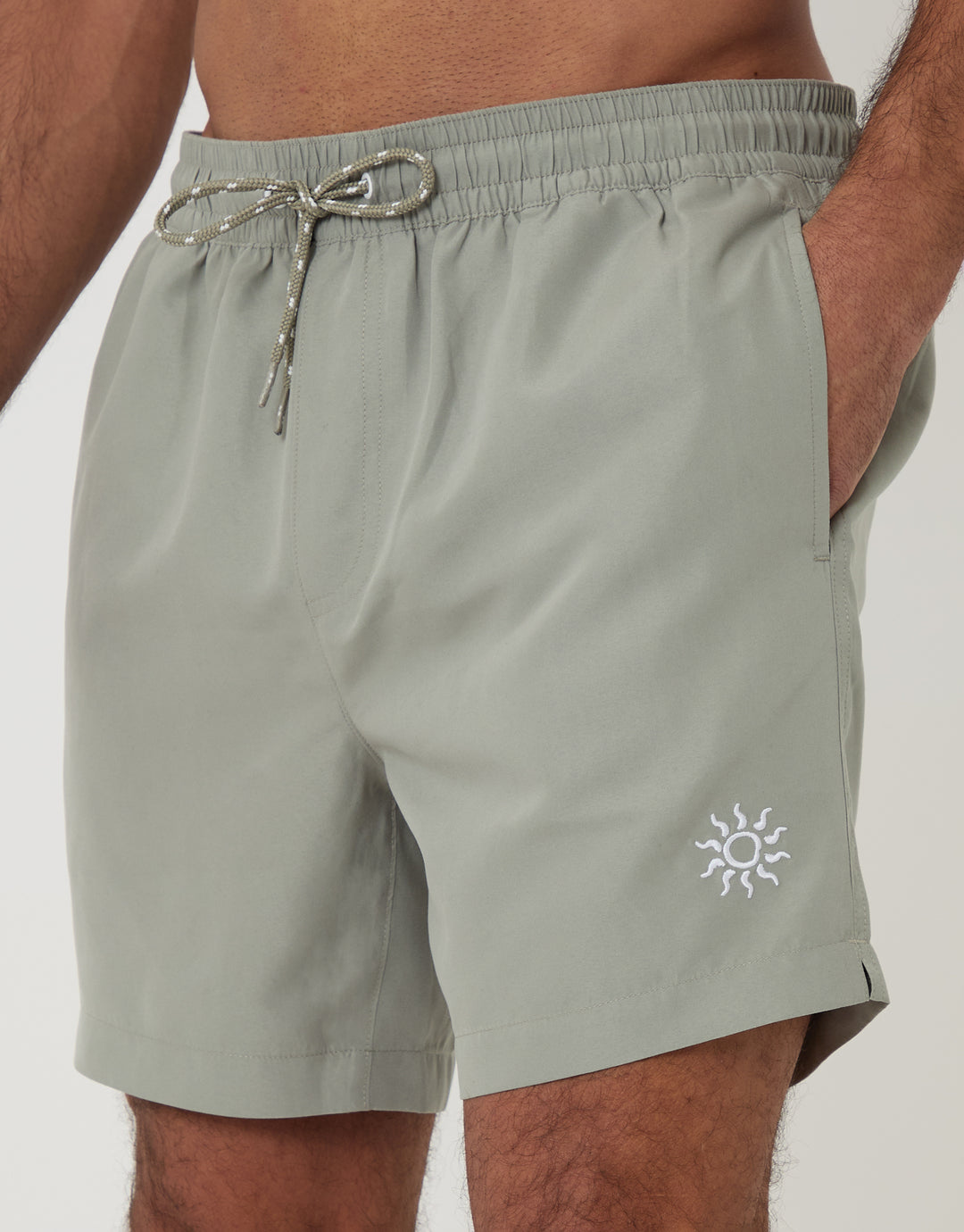 Threadbare Sun Embroidered Quick Dry Swim Shorts in Sage Green - front view close up
