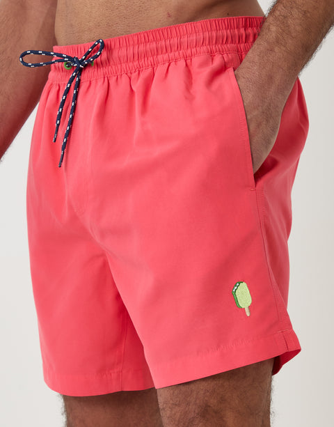 Threadbare Ice Lolly Embroidered Quick Dry Swim Shorts in Coral Pink - front view close up