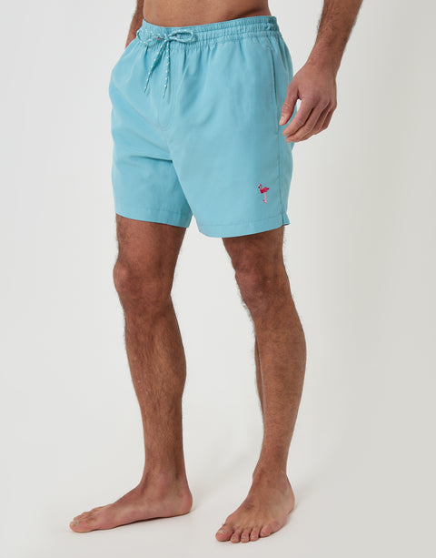 Threadbare Flamingo Embroidered Quick Dry Swim Shorts in Light Blue - front view