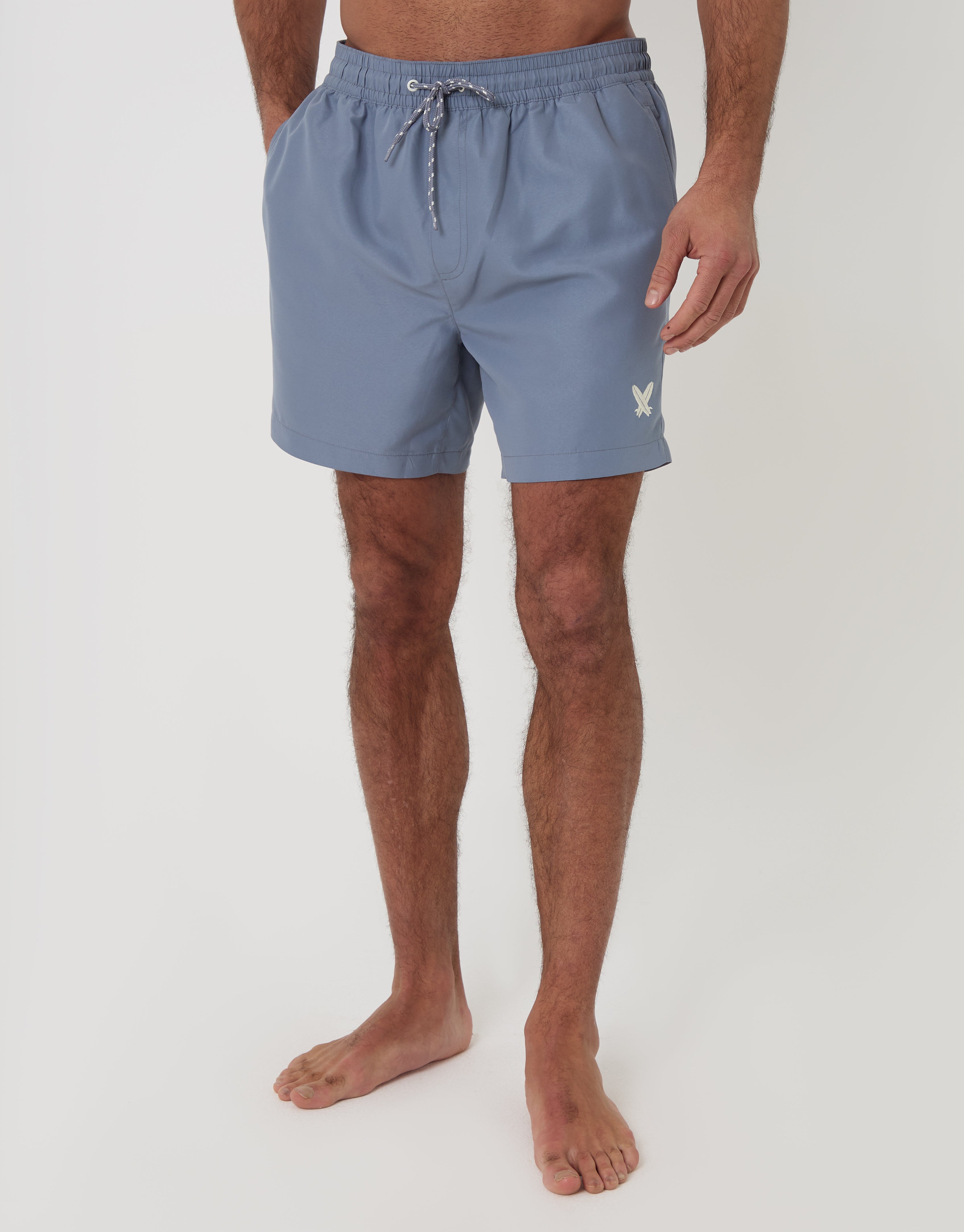 Surfboard Embroidered Quick Dry Swim Shorts in Denim Blue