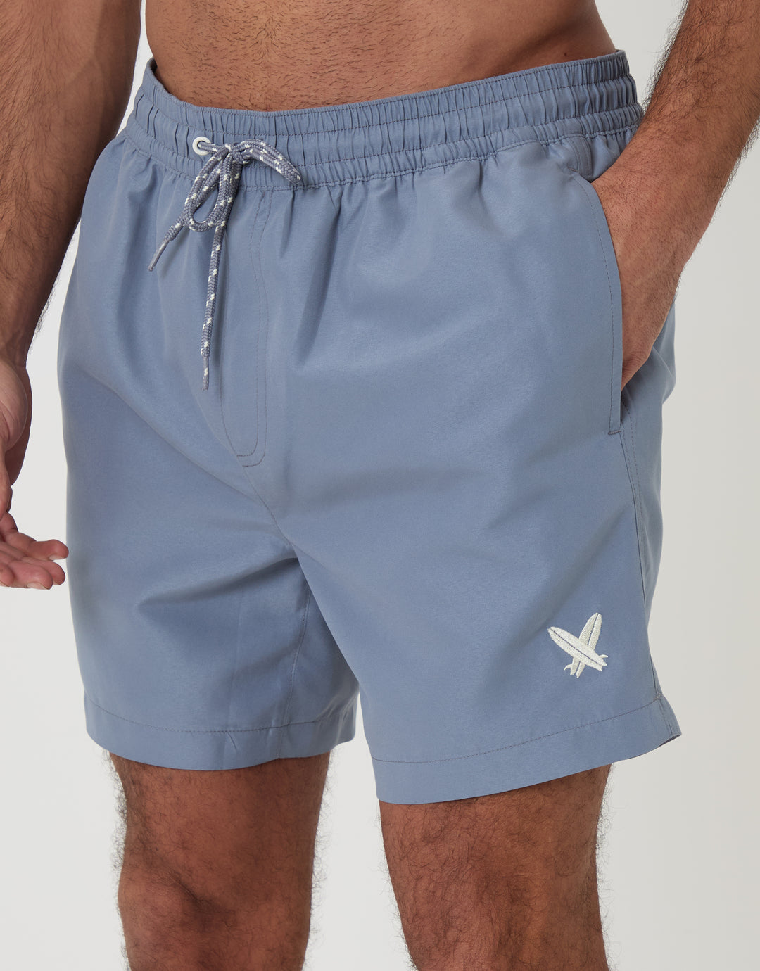 Denim Blue Surfboard Embroidered Quick Dry Swim Shorts