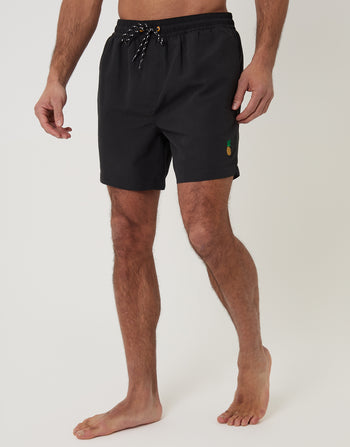 Threadbare Pineapple Embroidered Quick Dry Swim Shorts in Black - front view