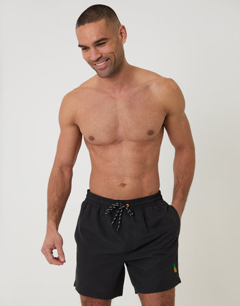 Threadbare Pineapple Embroidered Quick Dry Swim Shorts in Black - front view