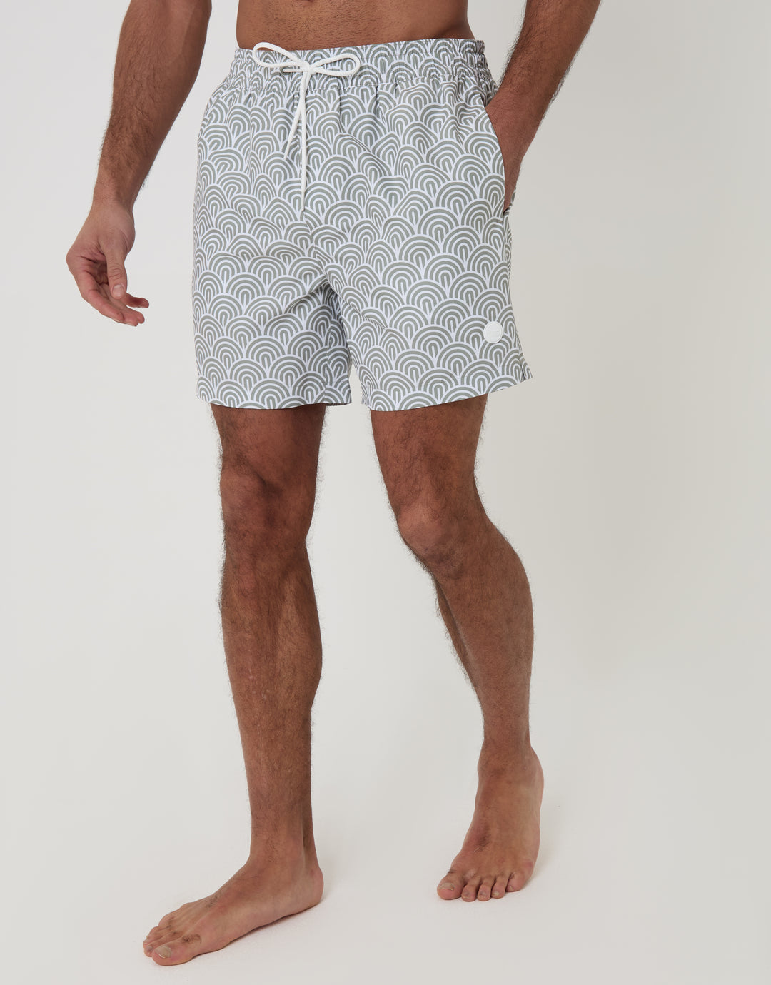 Threadbare Quick Dry Swim Shorts in Sage Green Geo Arch Print - front view