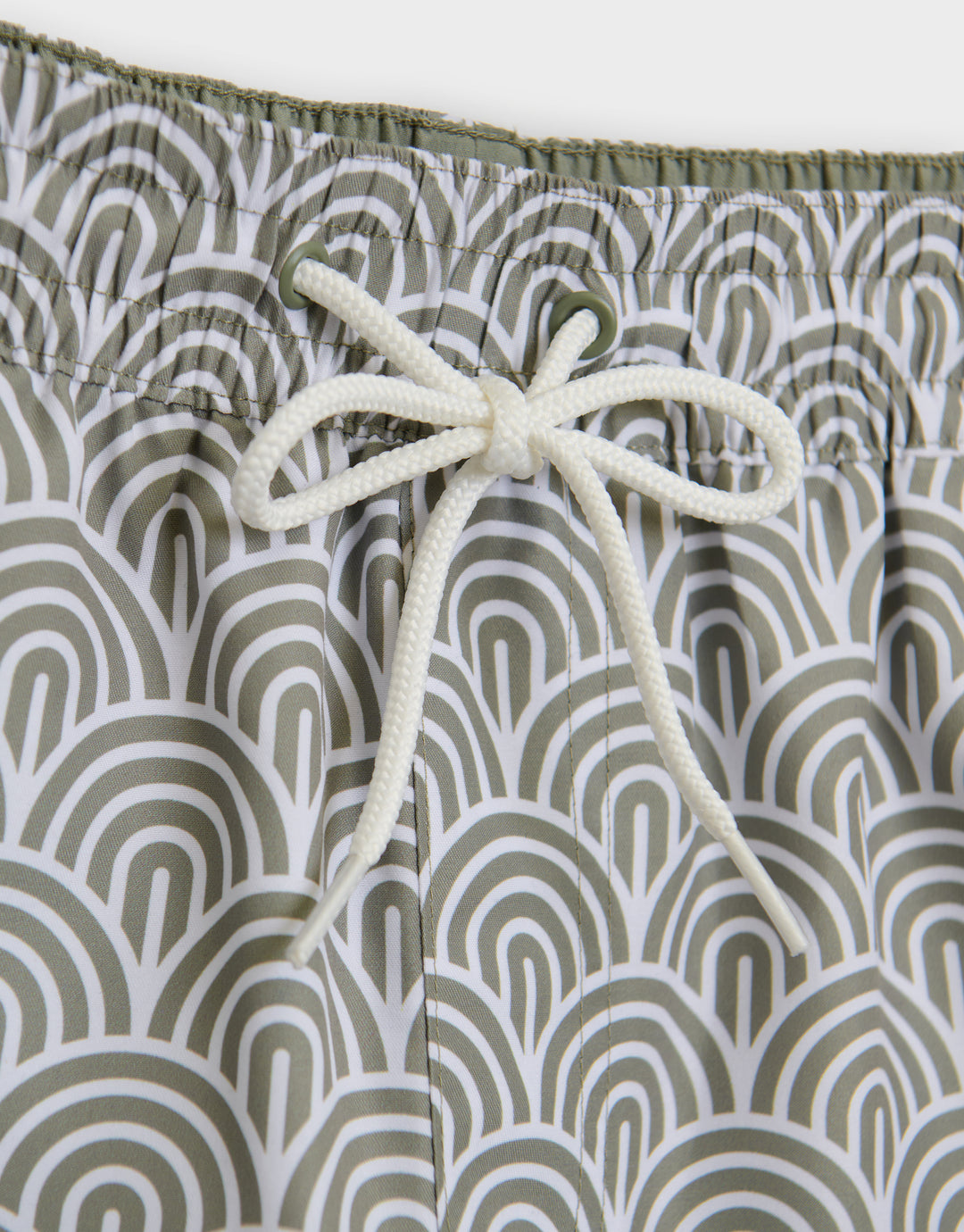 Threadbare Quick Dry Swim Shorts in Sage Green Geo Arch Print - waistband close up