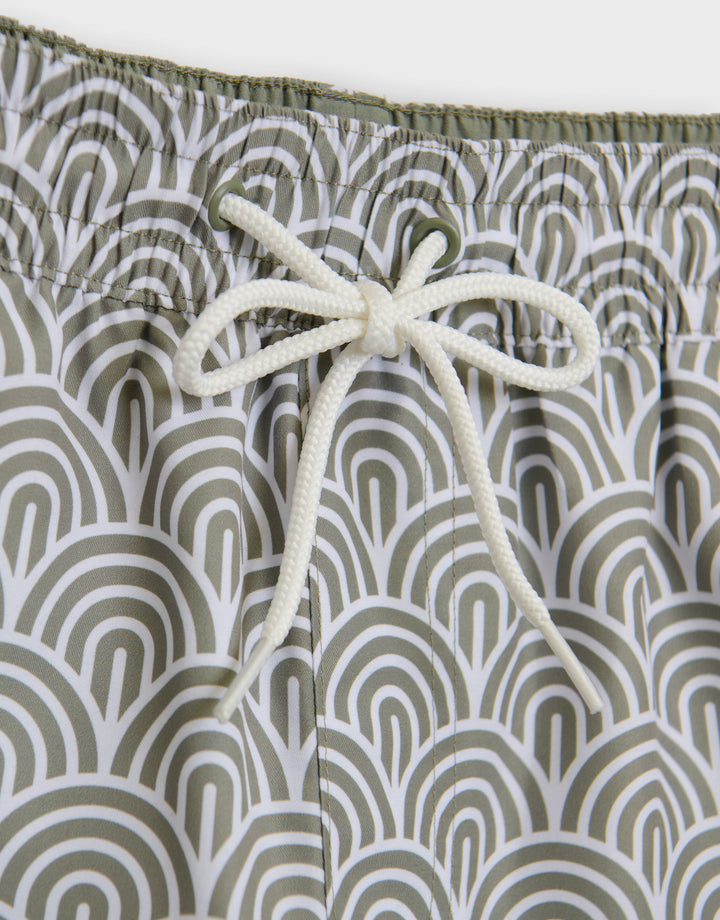 Threadbare Quick Dry Swim Shorts in Sage Green Geo Arch Print - waistband close up