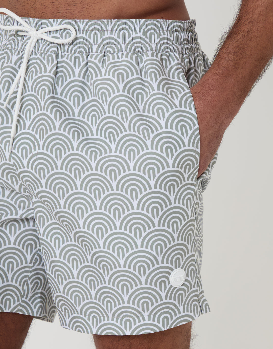 Threadbare Quick Dry Swim Shorts in Sage Green Geo Arch Print - pockets close up