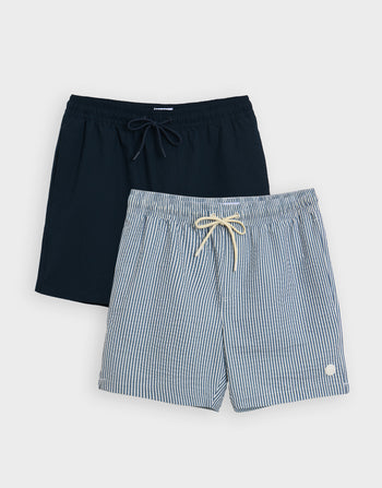 Threadbare 2 Pack Seersucker Swim Shorts in Navy & Blue Stripe - 2-pack flat lay