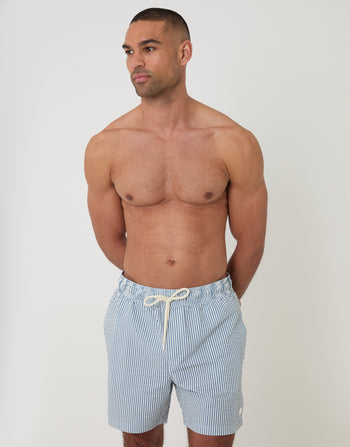 Threadbare Seersucker Swim Shorts in Blue Stripe - front view
