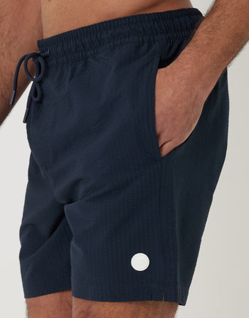 Threadbare Seersucker Swim Shorts in Navy - pockets close up