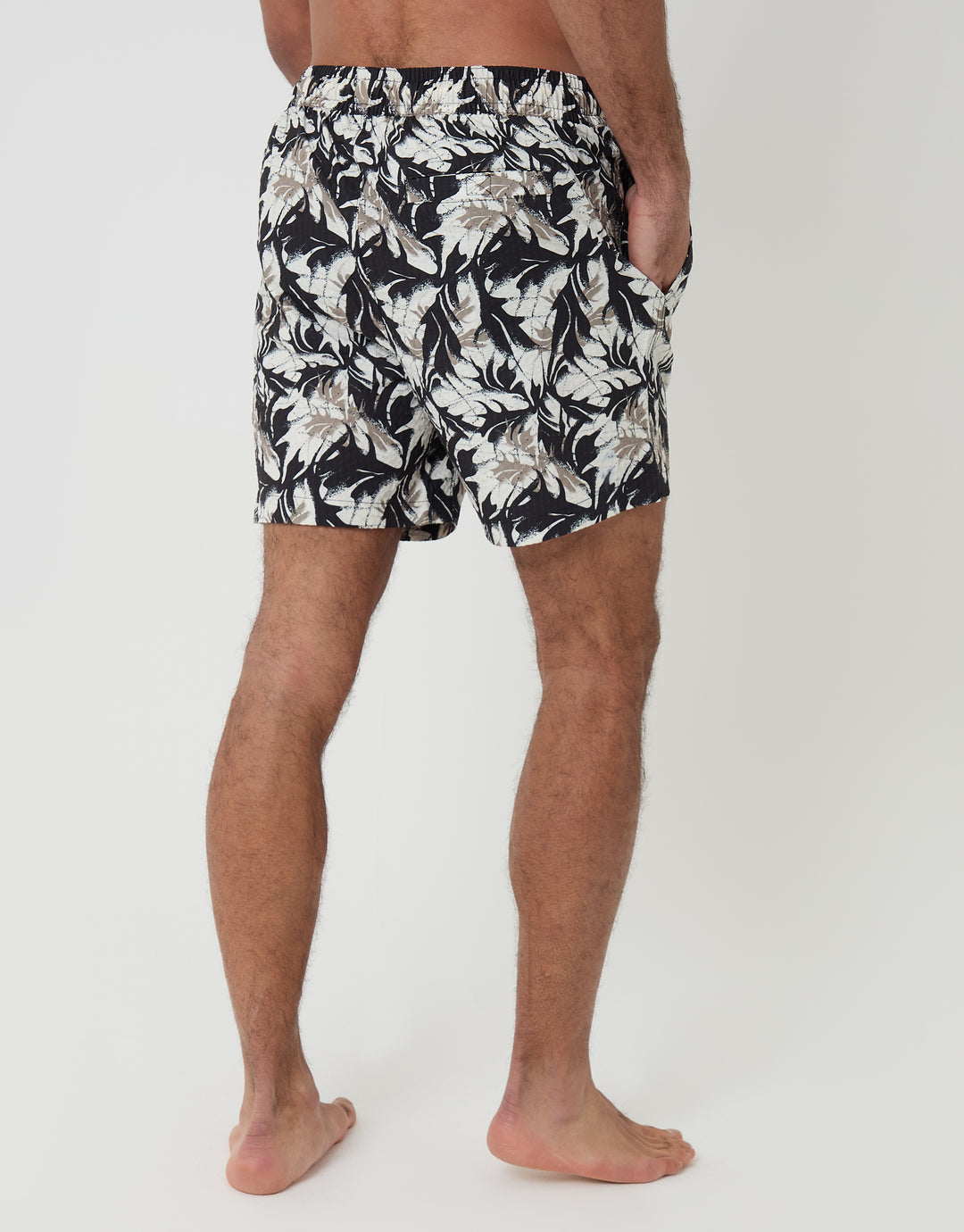 2 Pack Cream & Black Leaf Print Seersucker Swim Shorts
