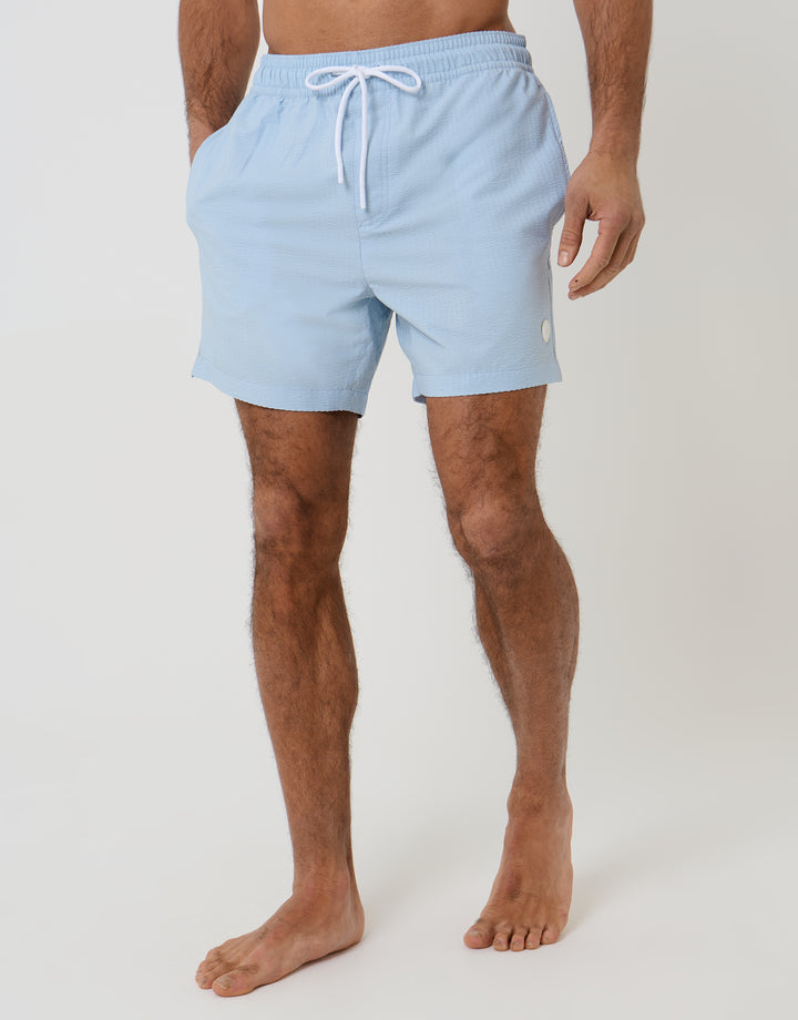 Threadbare Seersucker Swim Shorts in Light Blue - front view
