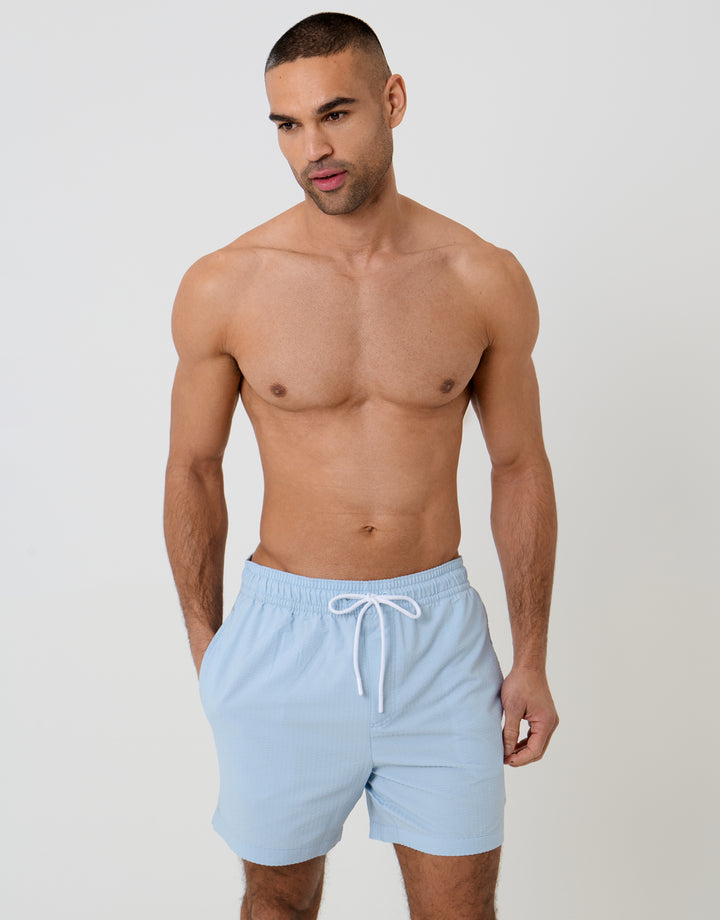 Threadbare Seersucker Swim Shorts in Light Blue - front view