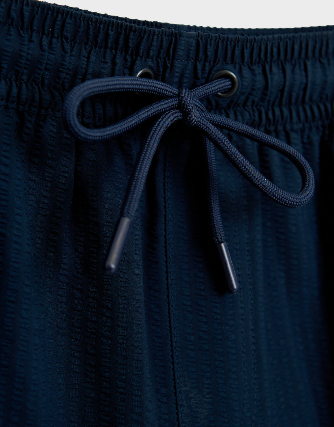 Threadbare Seersucker Swim Shorts in Navy - waistband close up
