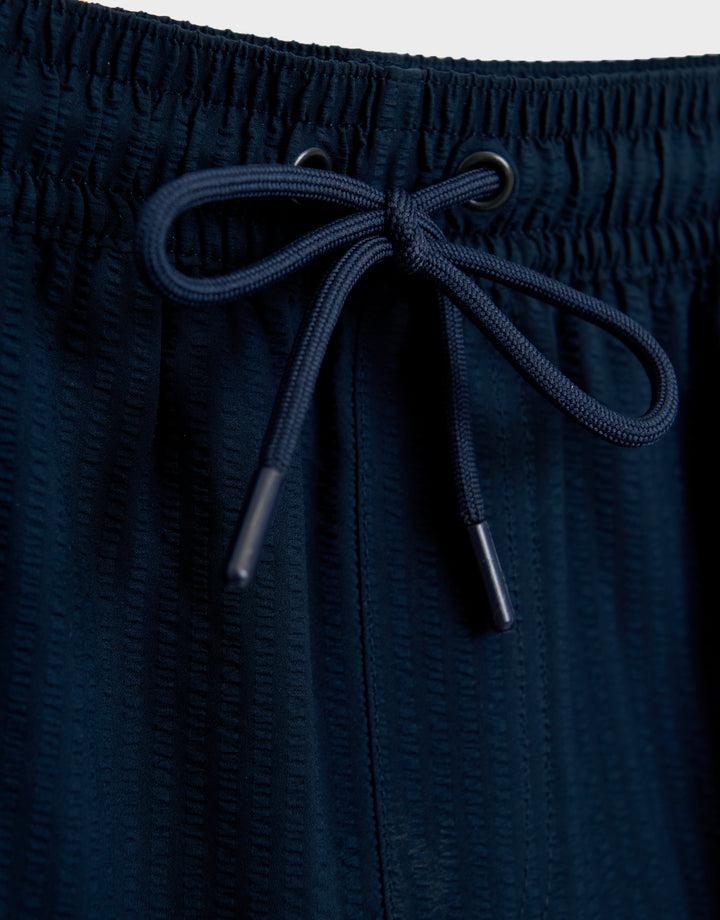 Threadbare Seersucker Swim Shorts in Navy - waistband close up