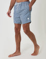 Threadbare Quick Dry Swim Shorts in Blue Geo Tile Print - front view with pockets close up