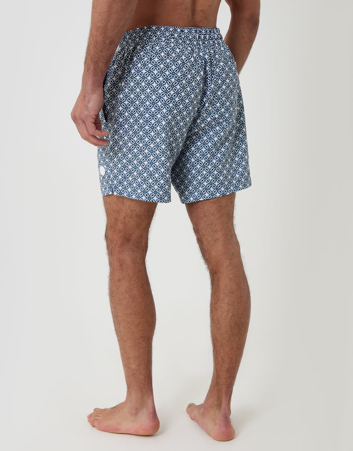 Threadbare Quick Dry Swim Shorts in Blue Geo Tile Print - back view