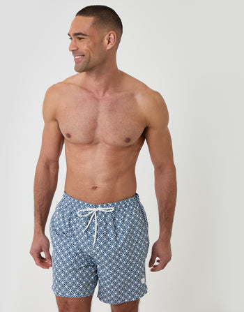 Threadbare Quick Dry Swim Shorts in Blue Geo Tile Print - front view