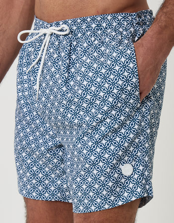 Threadbare Quick Dry Swim Shorts in Blue Geo Tile Print - front view close up