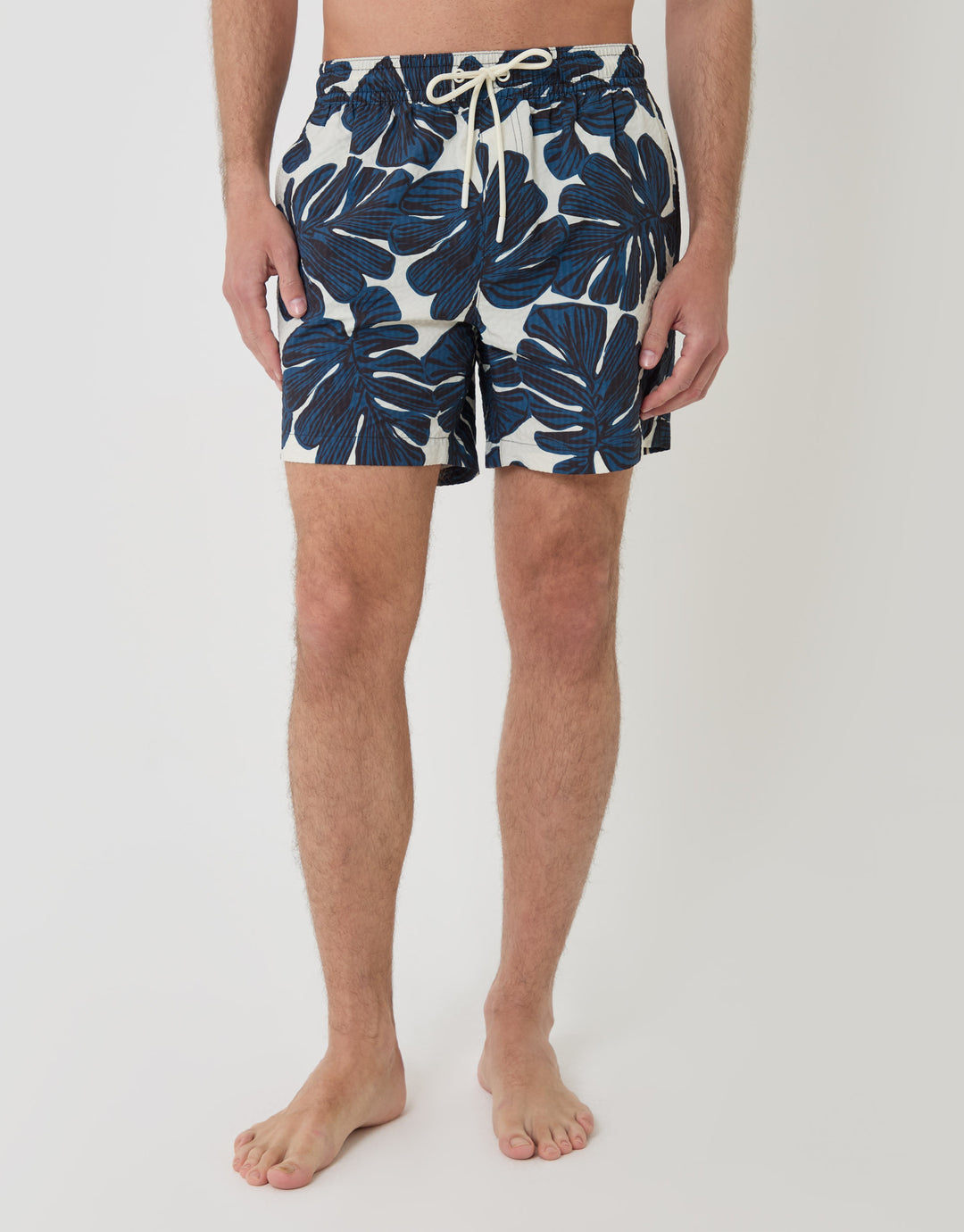 Threadbare Leaf Print Seersucker Swim Shorts in Cream - front view