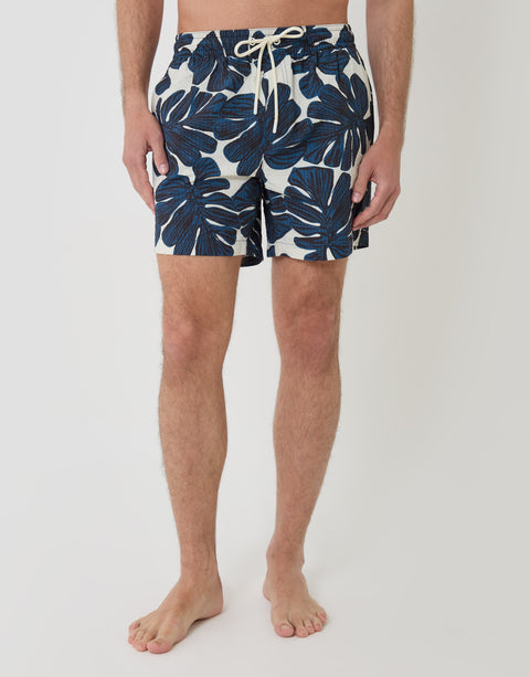 Threadbare Leaf Print Seersucker Swim Shorts in Cream - front view