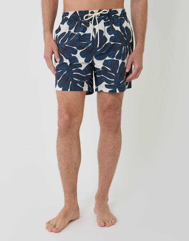 Threadbare Leaf Print Seersucker Swim Shorts in Cream - front view