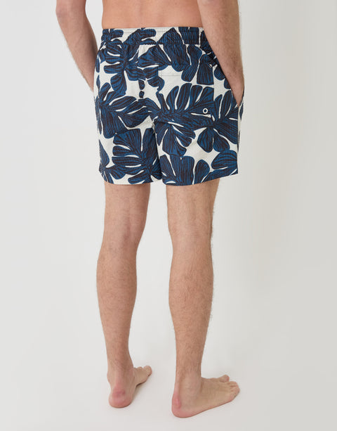Threadbare Leaf Print Seersucker Swim Shorts in Cream - back view