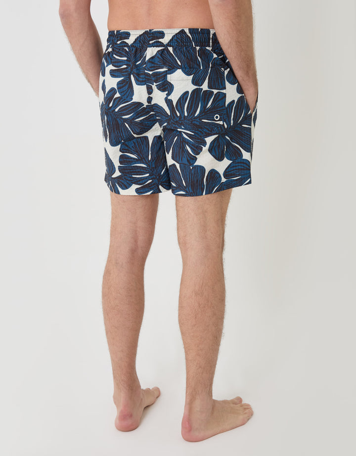 Threadbare Leaf Print Seersucker Swim Shorts in Cream - back view
