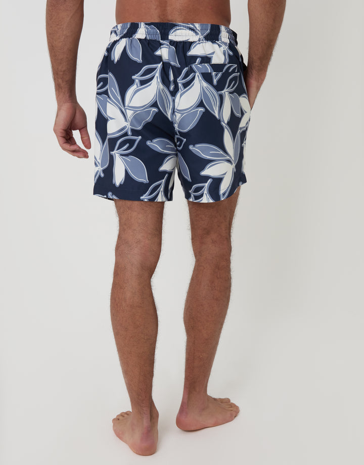 Navy Leaf Print Quick Dry Swim Shorts