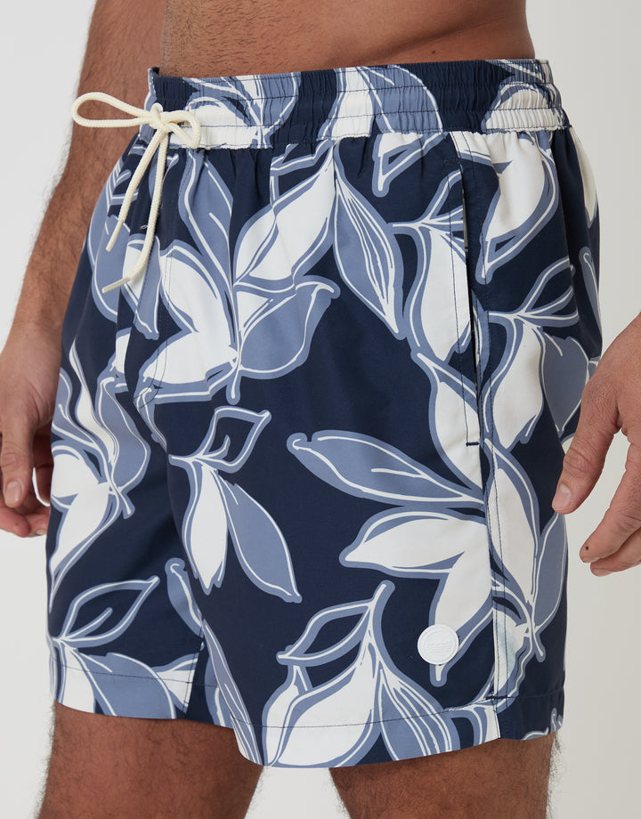 Navy Leaf Print Quick Dry Swim Shorts
