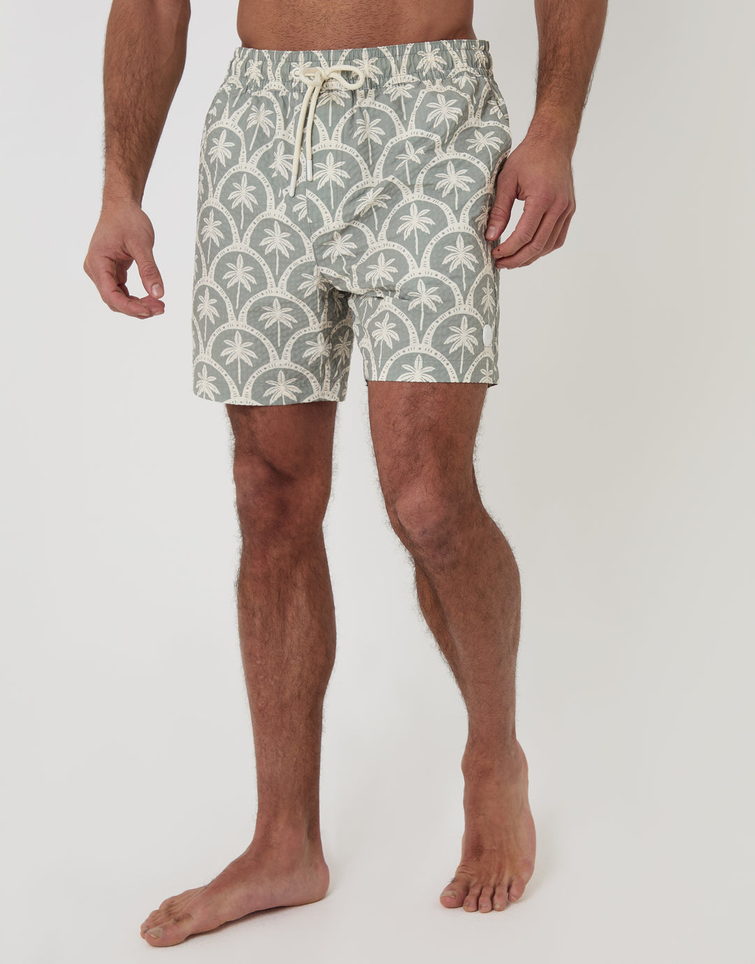 Threadbare Seersucker Swim Shorts in Sage Green Palm Print - front view