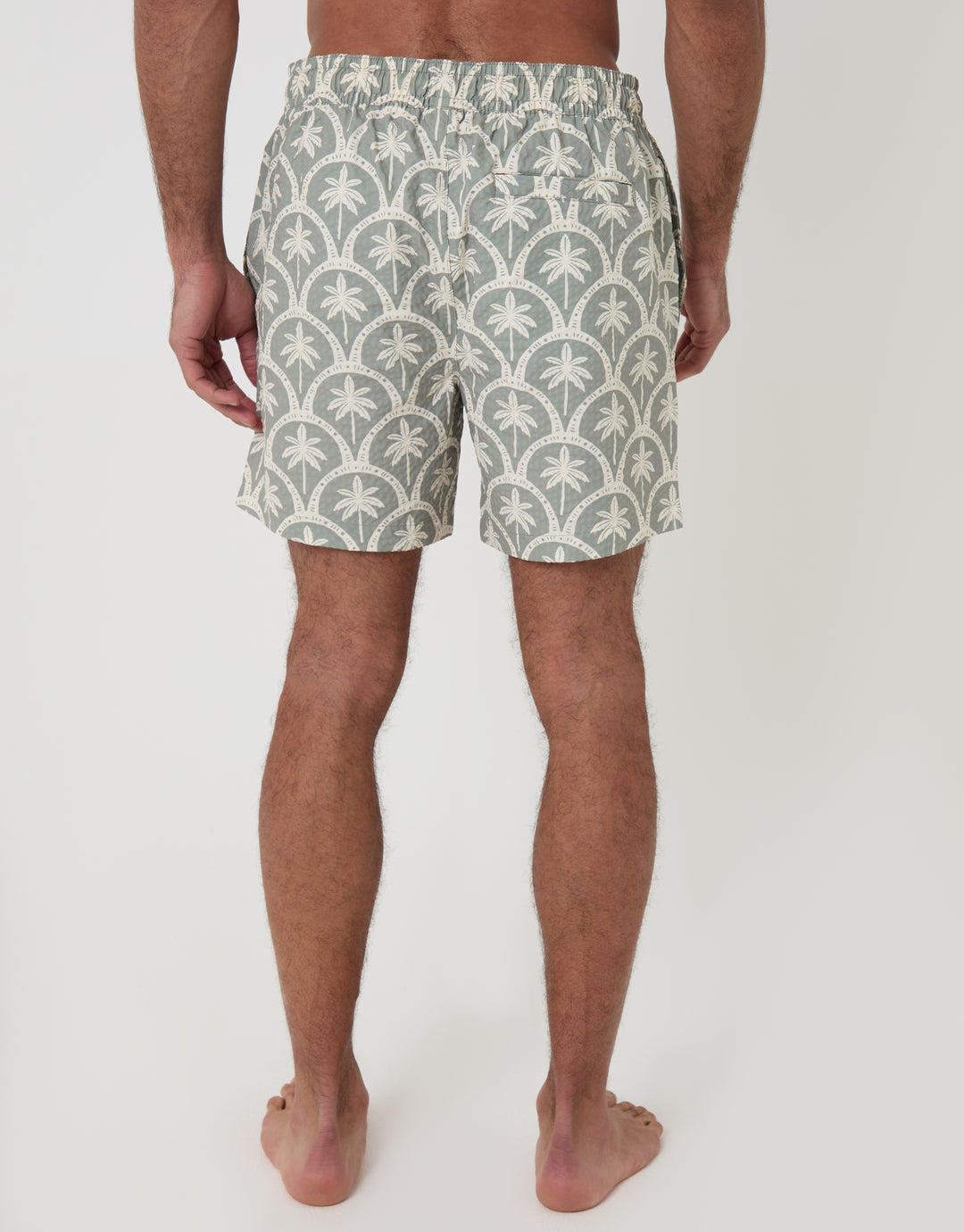 Threadbare Seersucker Swim Shorts in Sage Green Palm Print - back view