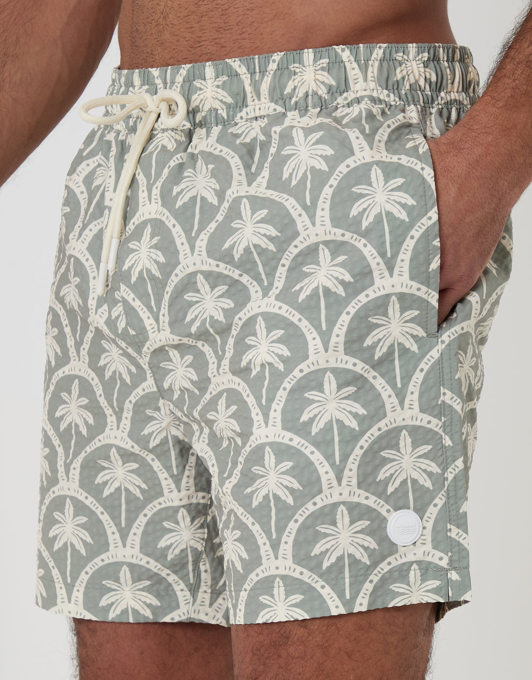 Threadbare Seersucker Swim Shorts in Sage Green Palm Print - pocket close up