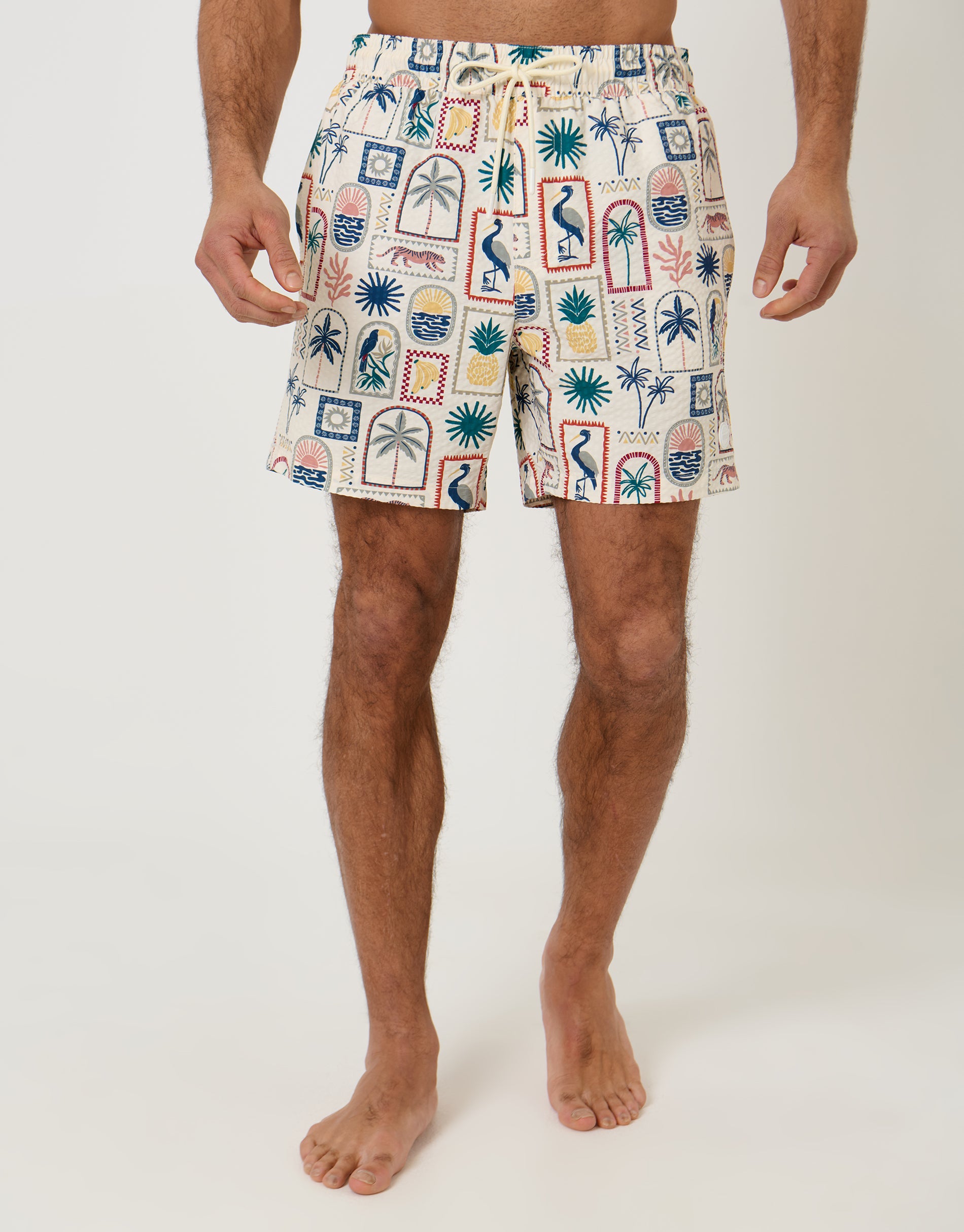 Tropical Stamp Print Seersucker Swim Shorts in Cream