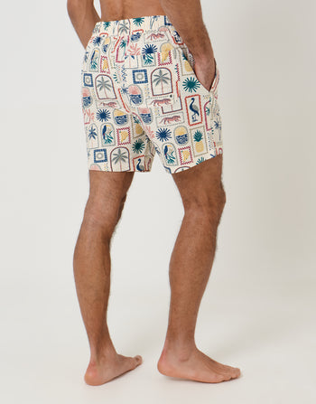 Threadbare Tropical Stamp Print Seersucker Swim Shorts in Cream - back view