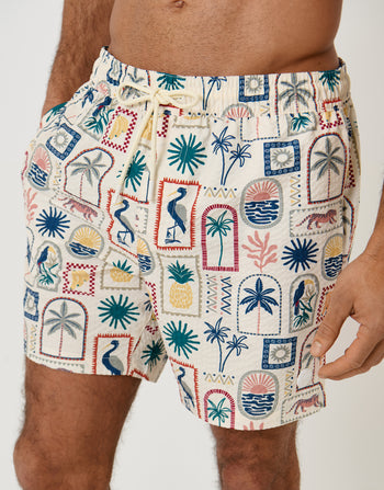 Threadbare Tropical Stamp Print Seersucker Swim Shorts in Cream - front view close up