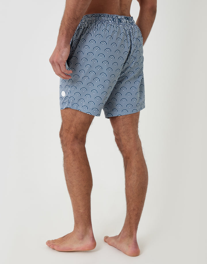 Threadbare Quick Dry Swim Shorts in Blue Geo Arch Print - back view