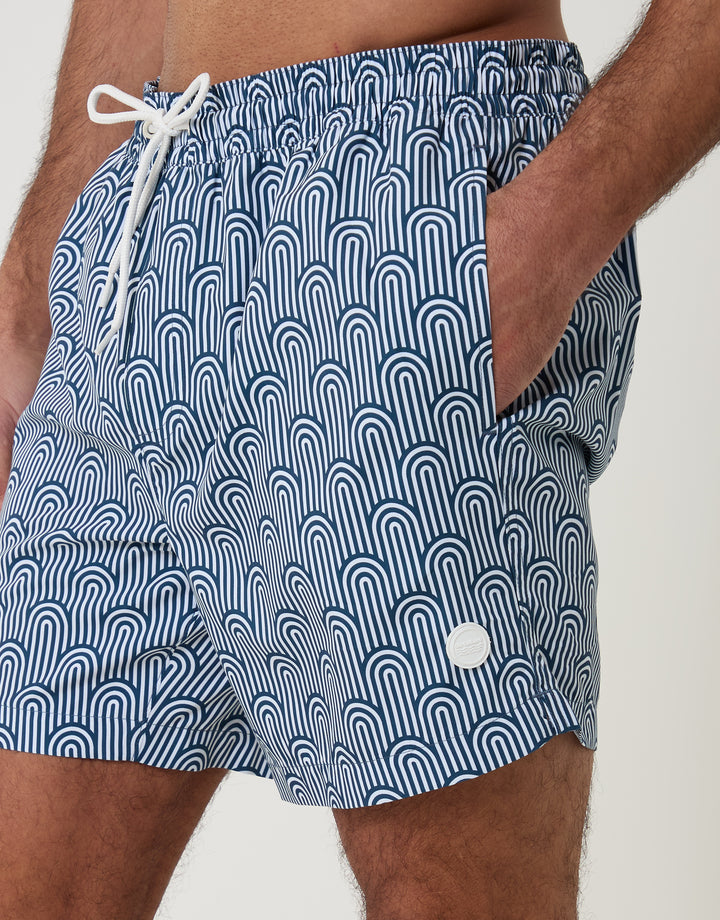 Threadbare Quick Dry Swim Shorts in Blue Geo Arch Print - pockets close up