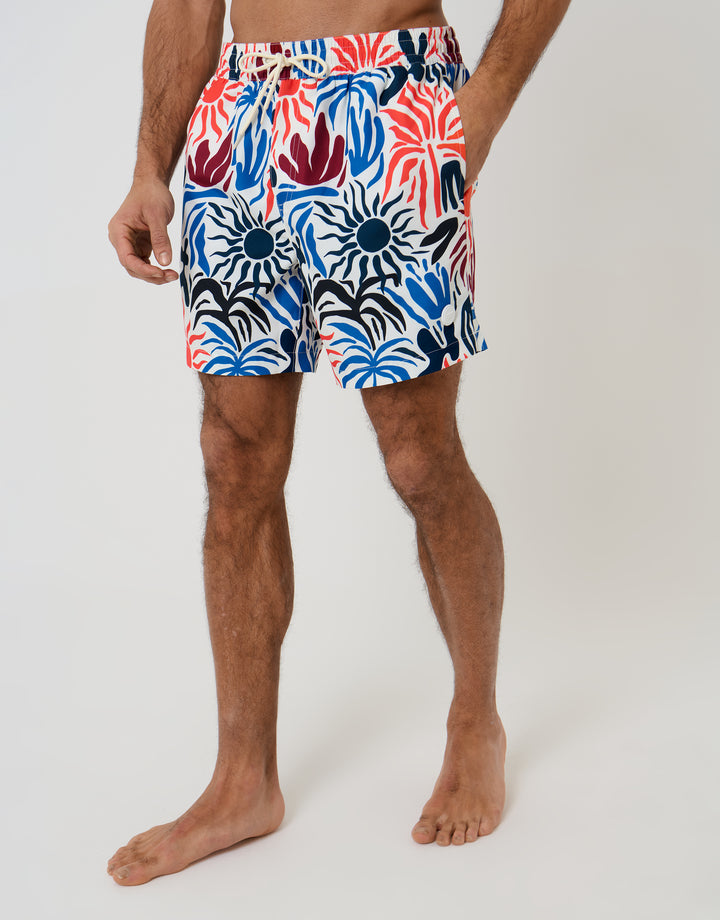 Cream Tropical Print Quick Dry Swim Shorts