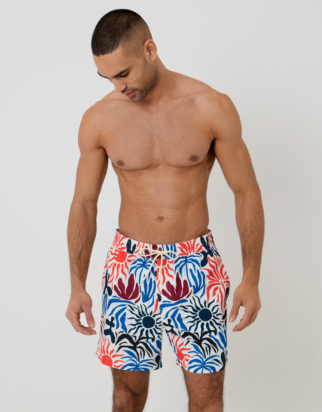 Cream Tropical Print Quick Dry Swim Shorts