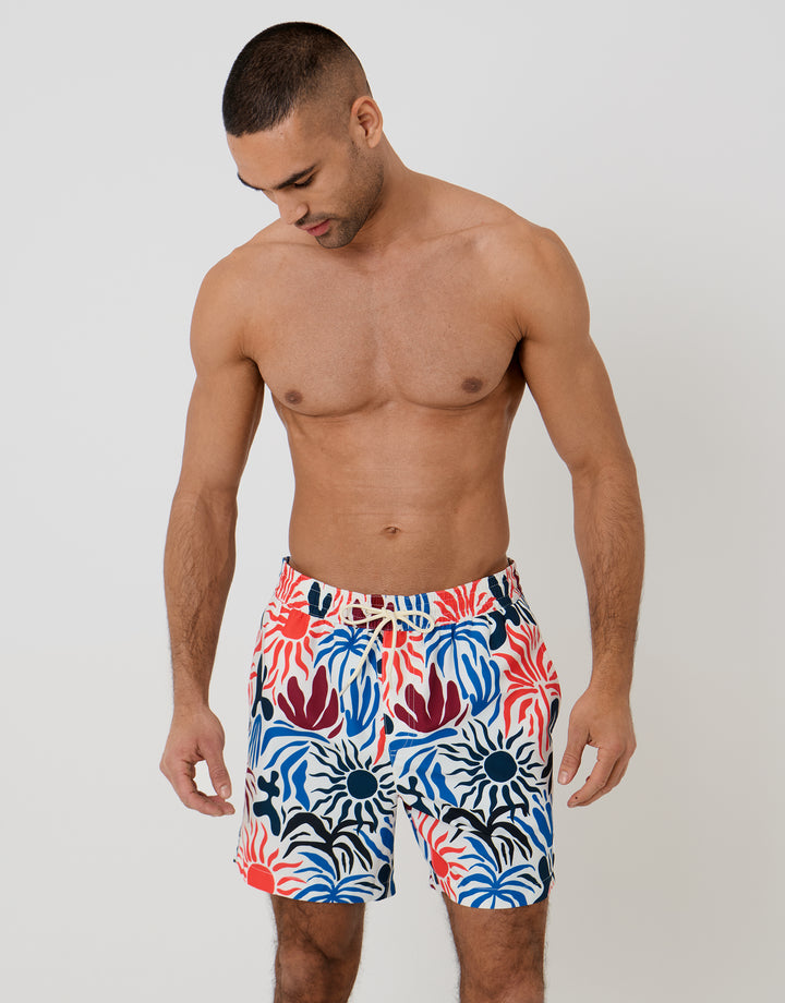 Cream Tropical Print Quick Dry Swim Shorts