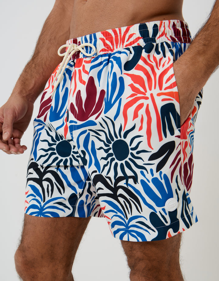 Cream Tropical Print Quick Dry Swim Shorts