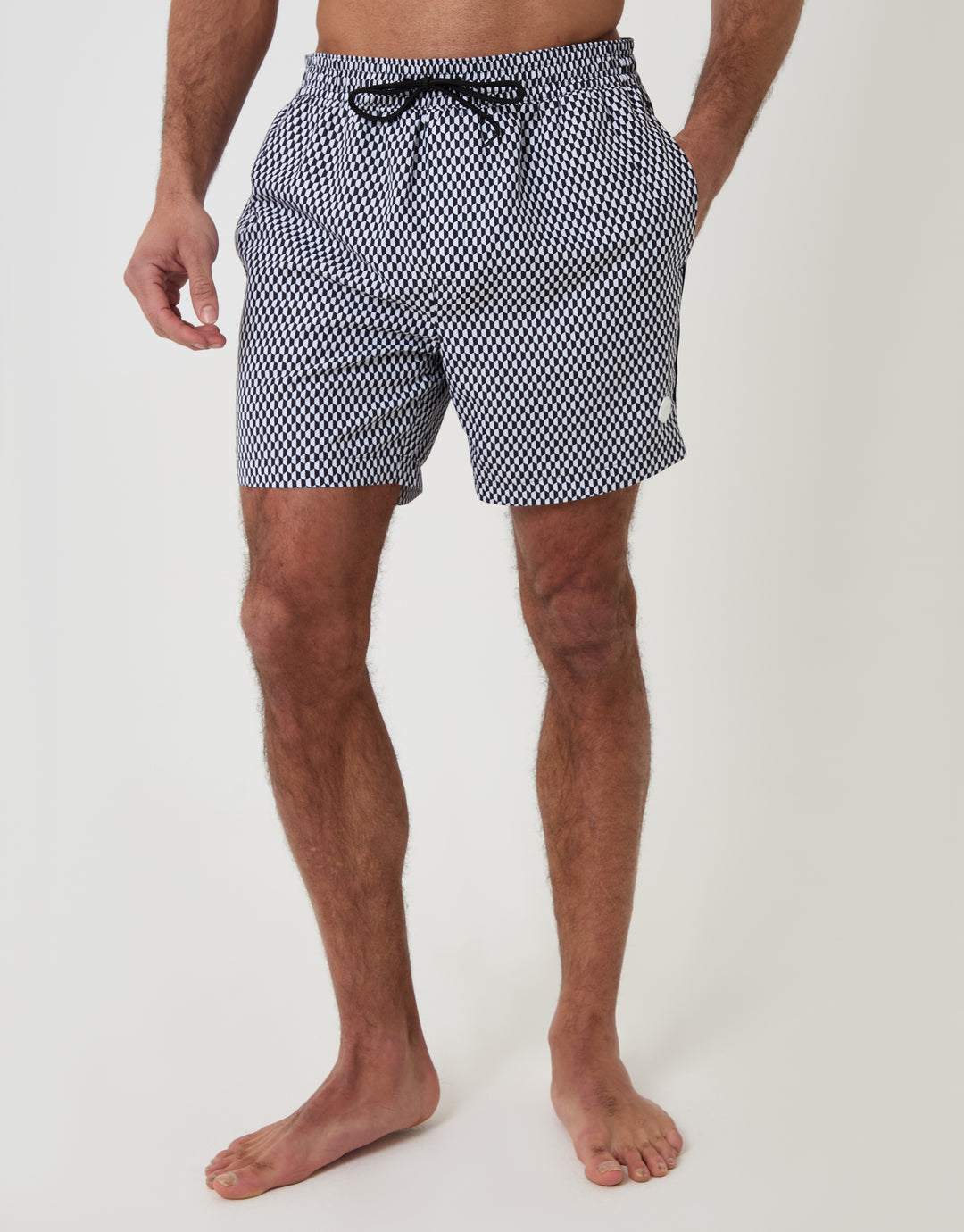 Threadbare Contast Piping Quick Dry Swim Shorts in Black Geo Print - front view