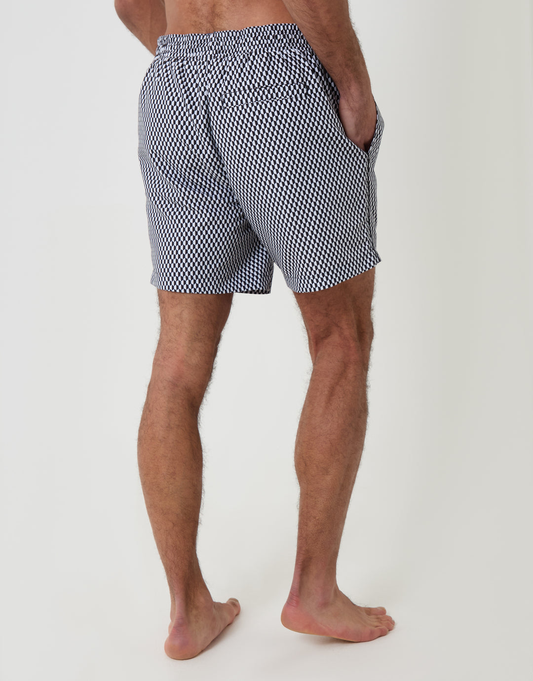 Threadbare Contast Piping Quick Dry Swim Shorts in Black Geo Print - back view