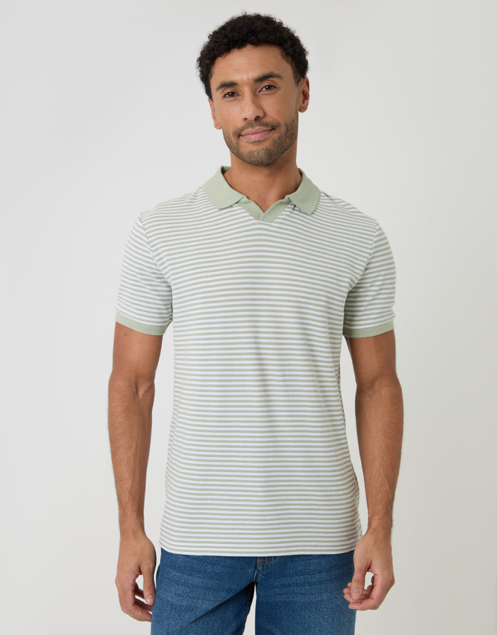 Threadbare Stripe Trophy Neck Polo Shirt in Sage Green - front view