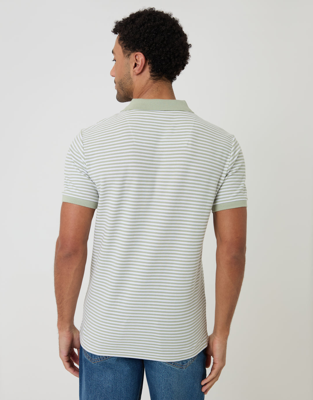 Threadbare Stripe Trophy Neck Polo Shirt in Sage Green - back view