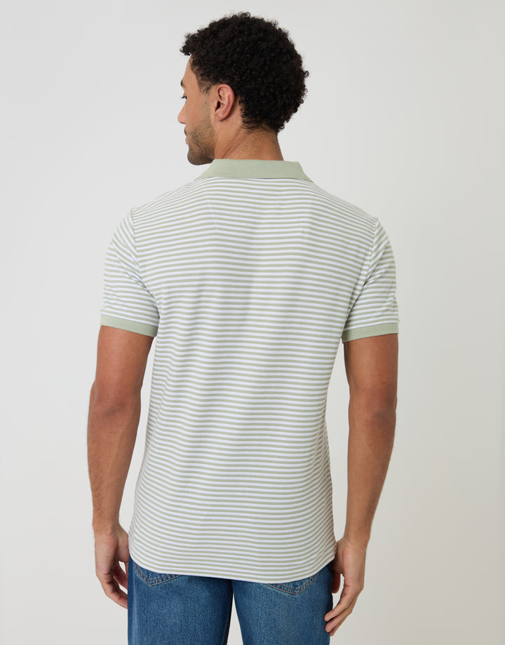 Threadbare Stripe Trophy Neck Polo Shirt in Sage Green - back view