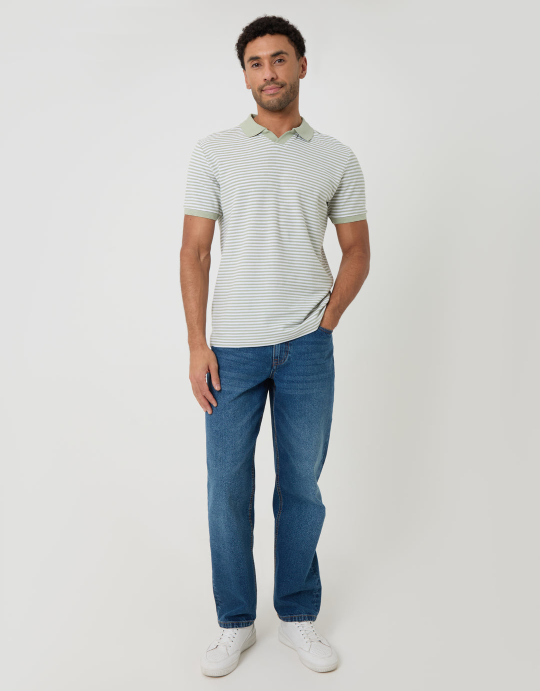 Threadbare Stripe Trophy Neck Polo Shirt in Sage Green - full body