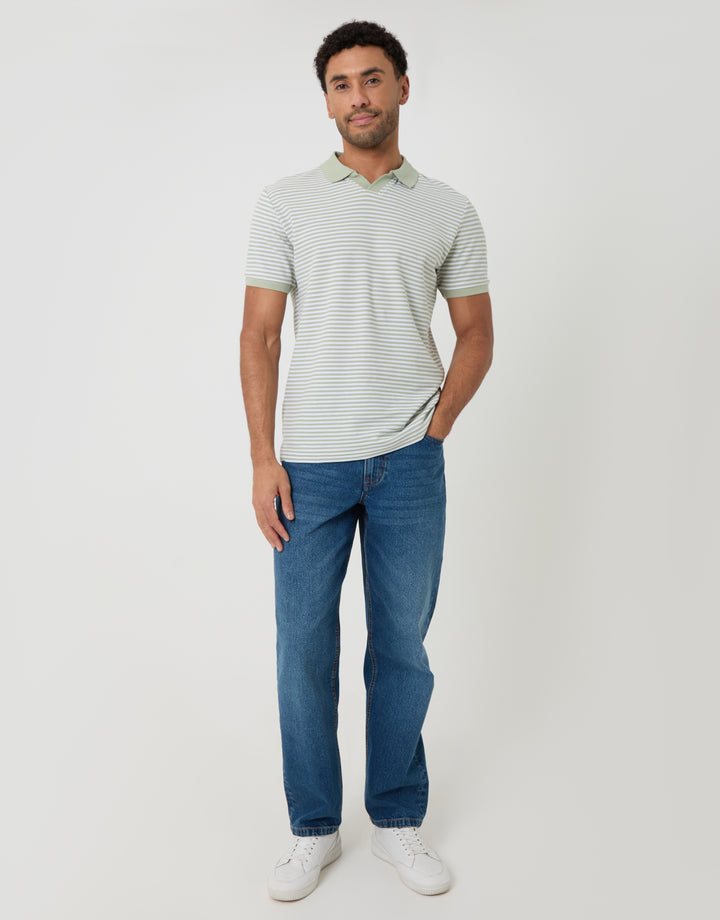 Threadbare Stripe Trophy Neck Polo Shirt in Sage Green - full body
